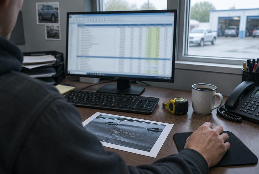An estimator at a desk with an estimate on the monitor and a printed photo of a damaged door beside the keyboard