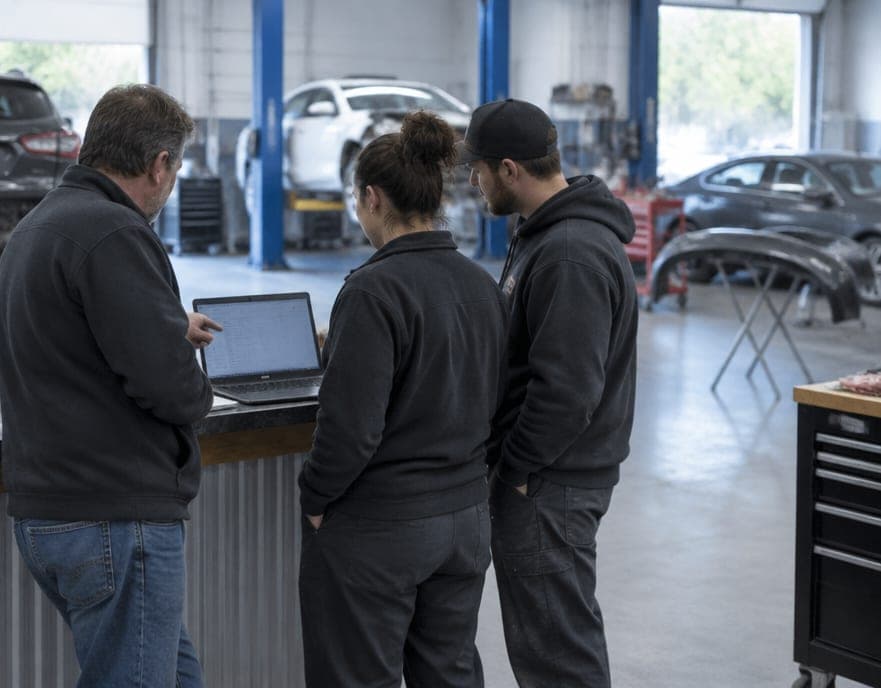 An owner and two staff looking at a laptop together at the shop counter