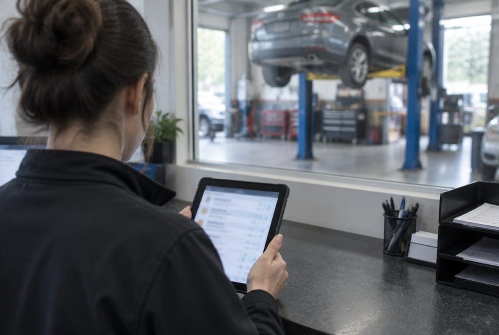 A service advisor at the counter reviewing a job list on a tablet, with the shop floor behind her